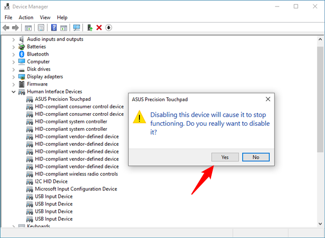 Confirm that you want to disable the touchpad