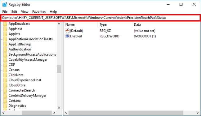 The registry location for the touchpad