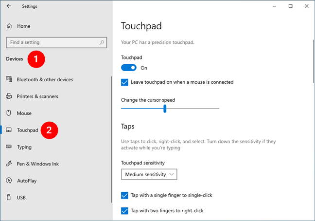 Open Settings, go to Devices and select Touchpad