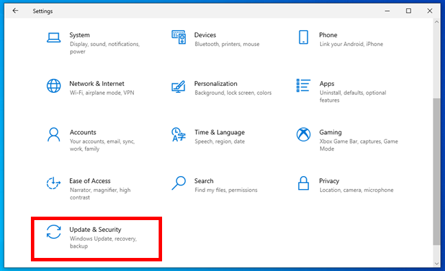 Update & Security in the Windows 10 Settings app