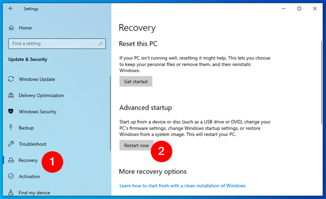 Click Restart now under Advanced startup in Windows 10's Recovery options