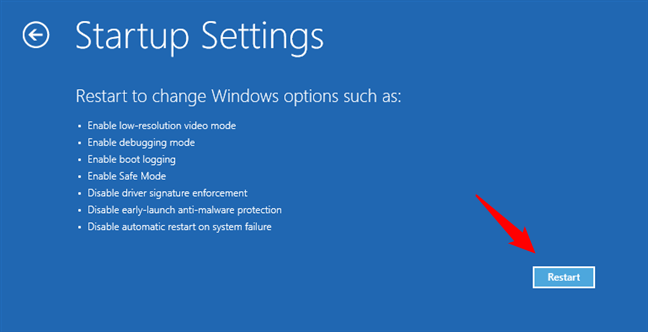 Startup Settings: Choose Restart for Windows 10 Safe Mode options