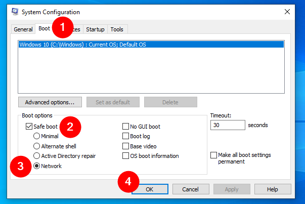 Enable Safe Boot and select Network in msconfig