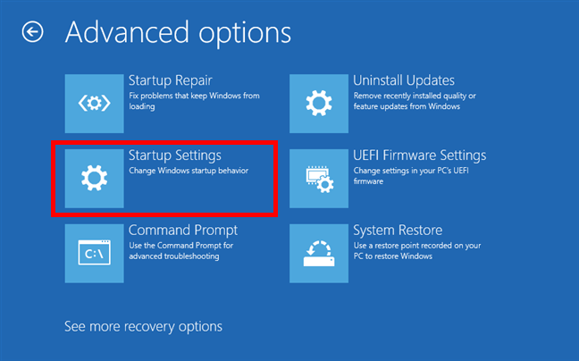 Enter Startup settings in Windows 10's recovery environment