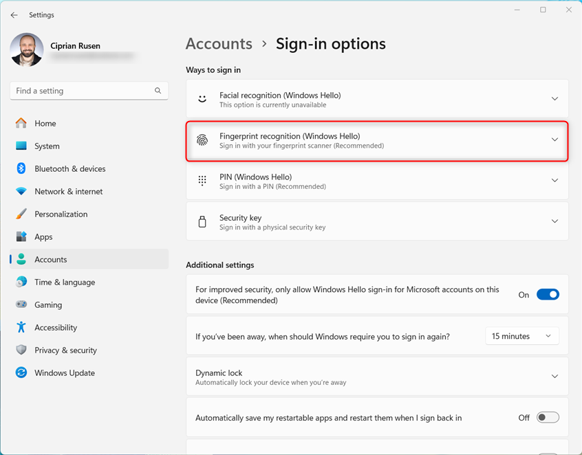 Click or tap Fingerprint recognition (Windows Hello)