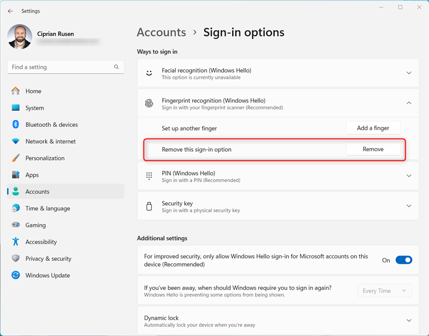 Turn off Fingerprint recognition (Windows Hello)