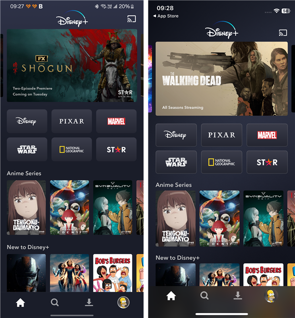 The Disney+ app on Android (left) versus the same app for iPhone (right)