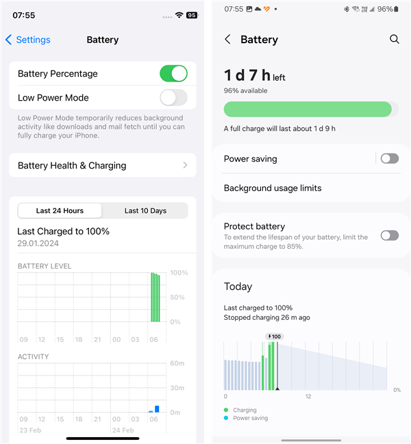 Though you couldn't tell, the iPhone (left) is more frugal than an Android phone (right)