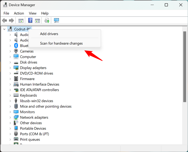 Another way to scan for hardware changes