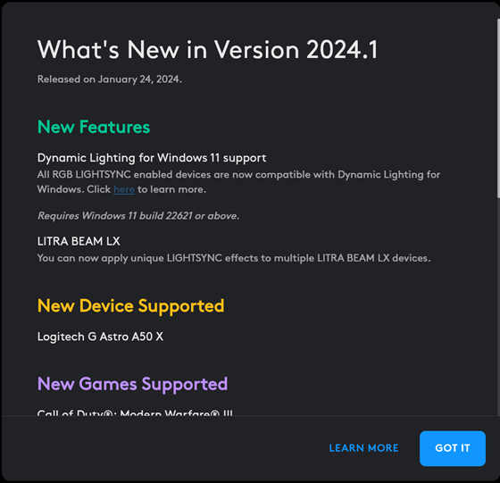 Logitech G Hub has added support for Dynamic Lighting