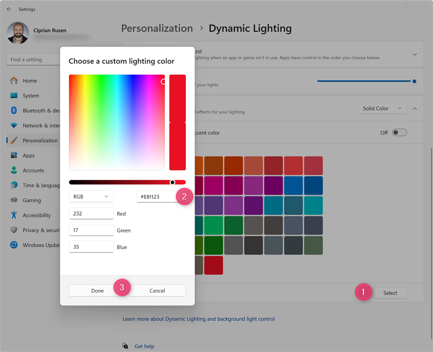 Enter the RGB color code or select the color you want