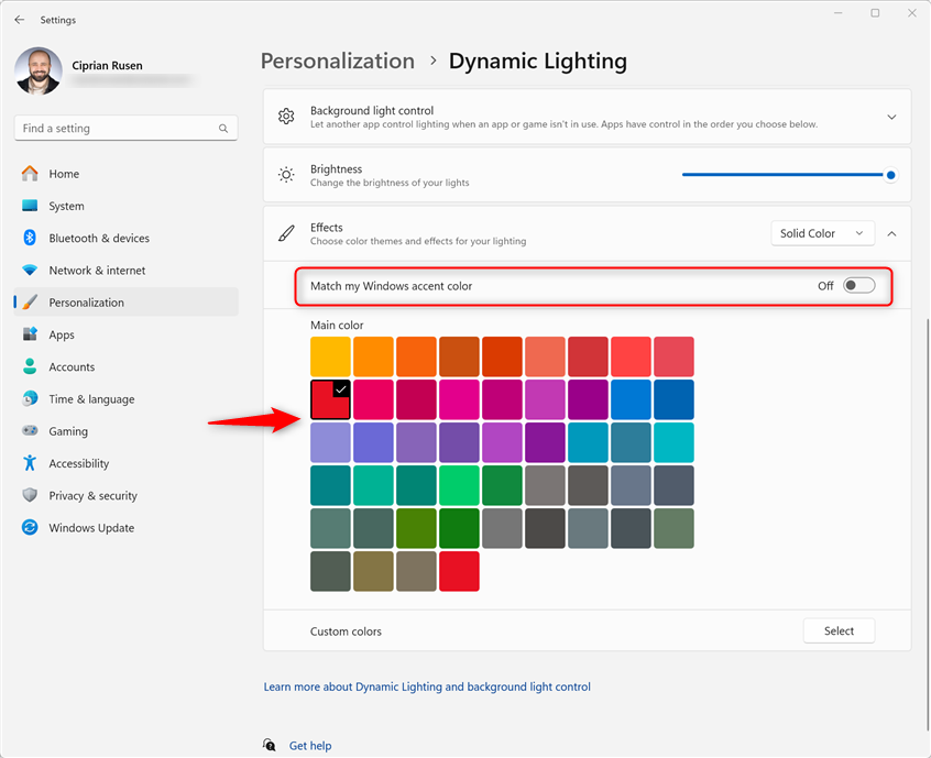 Choose the color you want to use for your RGB lighting