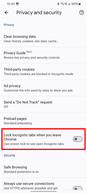 Turn off Lock Incognito tabs when you leave Chrome
