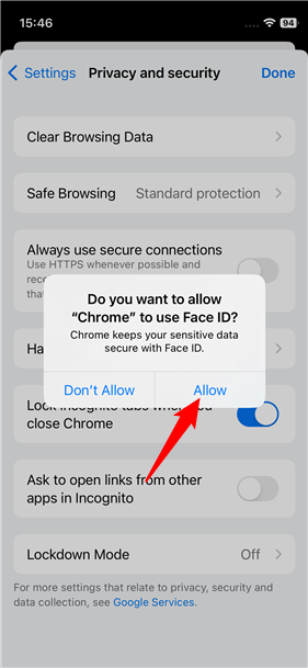 Allow Chrome to use Face ID on your iPhone