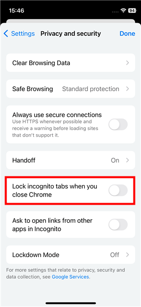 Turn off Lock incognito tabs when you close Chrome