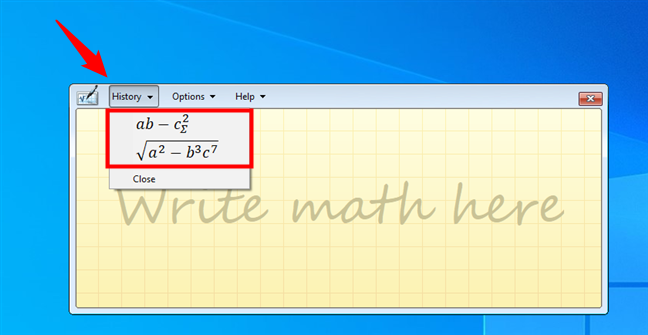 The history of expressions in the Math Input Panel