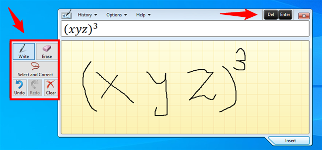 Math Input Panel with on-screen buttons and editing options on the left