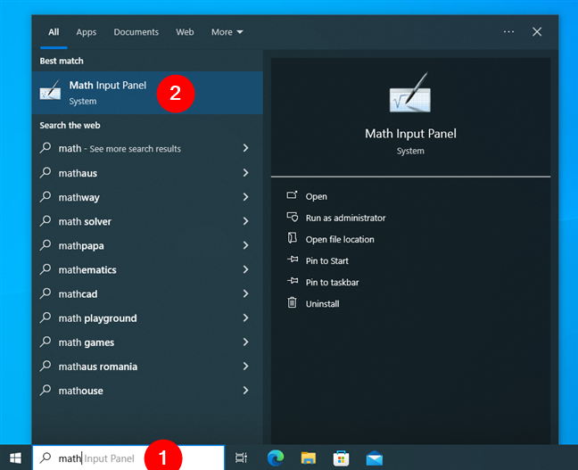 How to open the Math Input Panel in Windows 10 using search