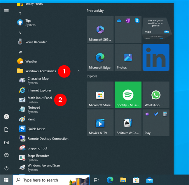 How to open the Math Input Panel in Windows 10 from the Start Menu