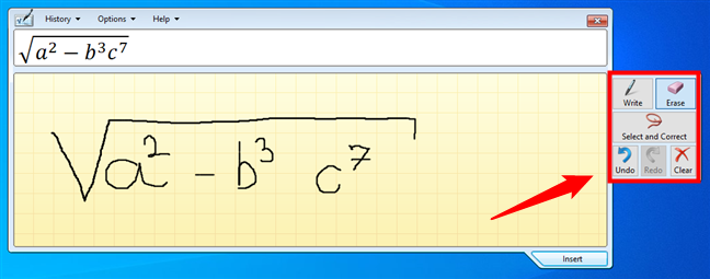 Editing buttons available in the Math Input Panel