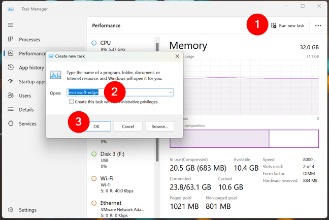 How to start Edge from the Task Manager in Windows 11