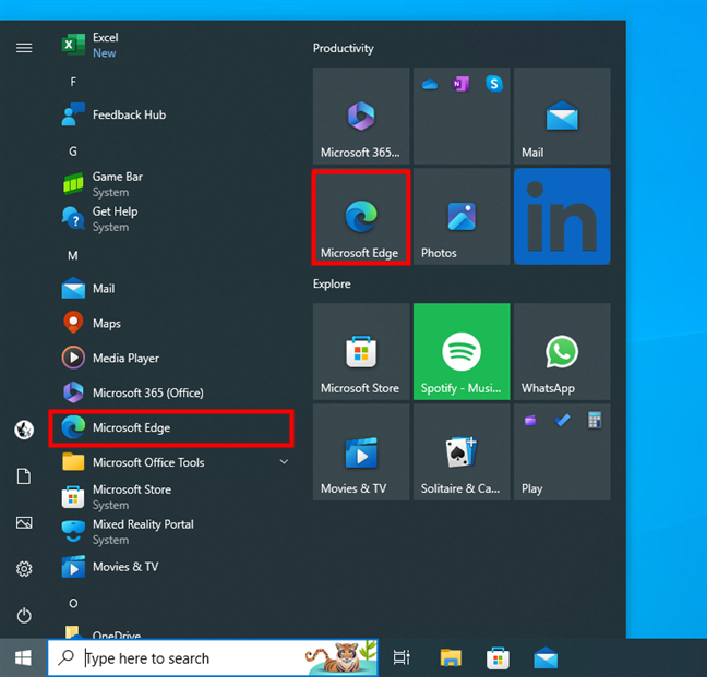 The Microsoft Edge shortcuts in Windows 10's Start Menu