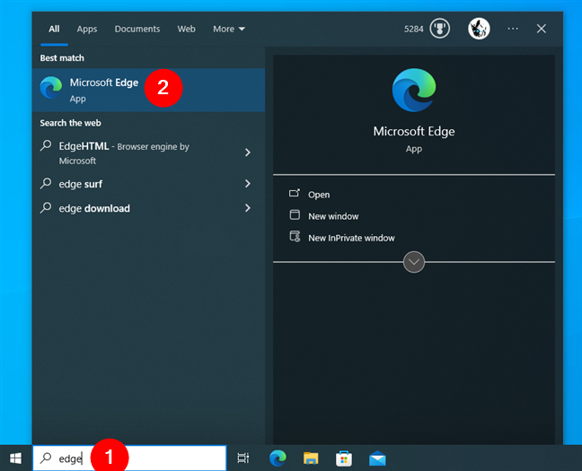 Opening Microsoft Edge using search