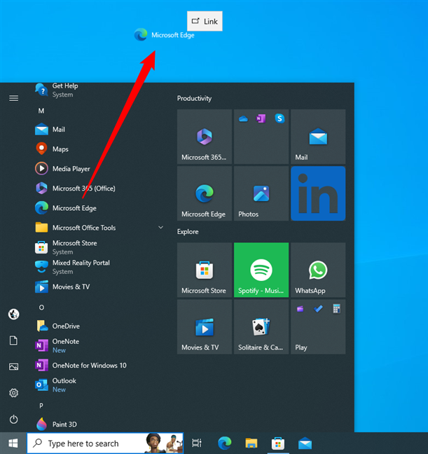 How to create a Microsoft Edge shortcut on the desktop of Windows 10