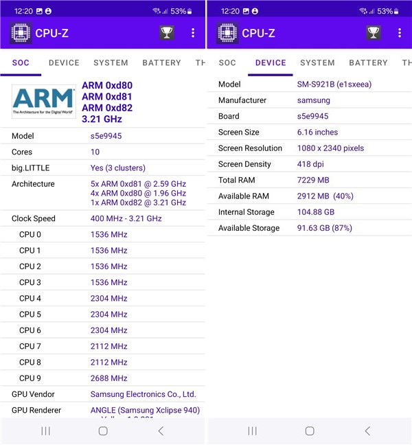 Tech specs for the Samsung Galaxy S24