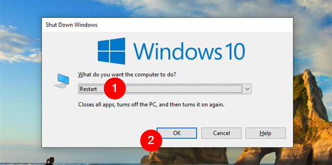 How to restart Windows 10 from the Shut Down Windows dialog window