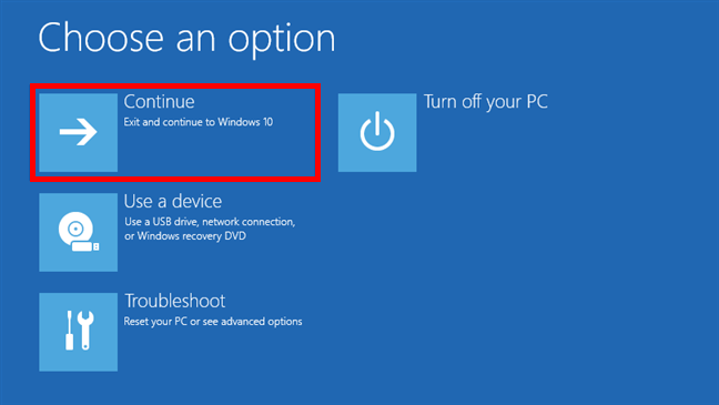 Choose Continue to start Windows 10 in Safe Mode with Command Prompt