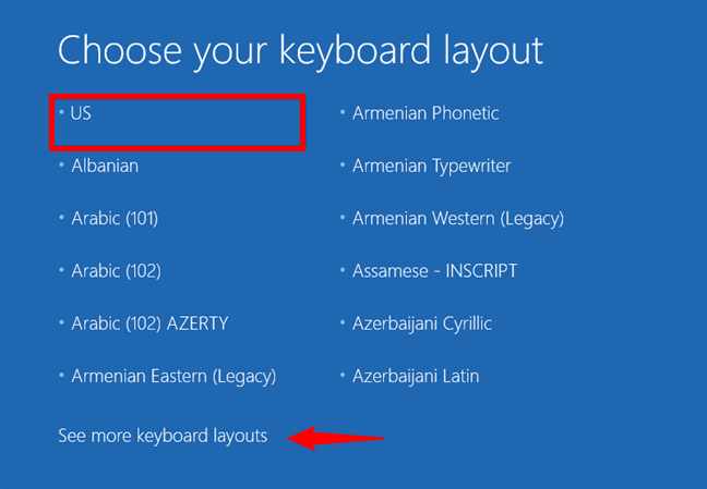 Choose the keyboard layout for the recovery drive