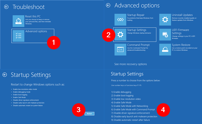 Go to Advanced options > Startup Settings > Restart > Enable Safe Mode with Command Prompt