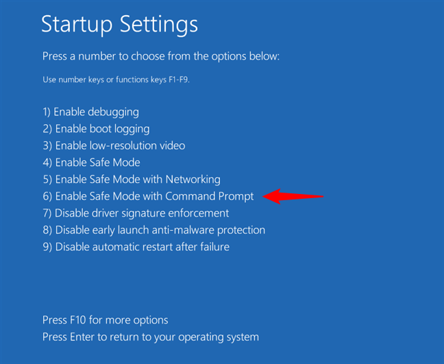 Press 6 or F6 to start Safe Mode with Command Prompt
