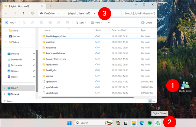Folder shortcut pinned to the taskbar
