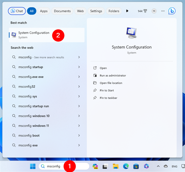 Opening msconfig (System Configuration) in Windows 11