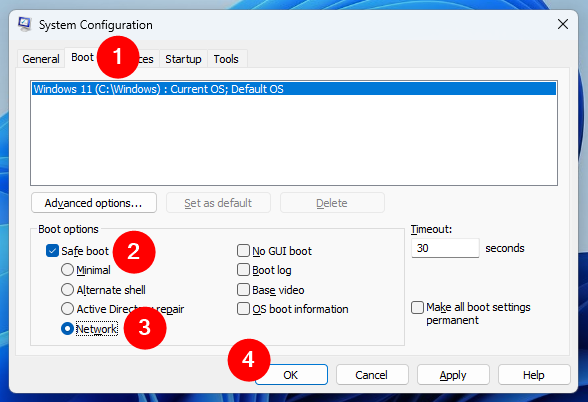 Enable Safe Boot and select Network in msconfig