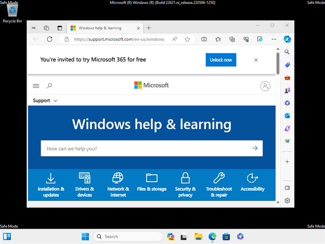 Edge offers help in Windows 11 Safe Mode with Networking