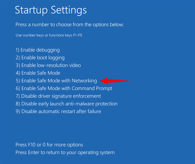 Press 5 or F5 to restart Windows 11 in Safe Mode with Networking