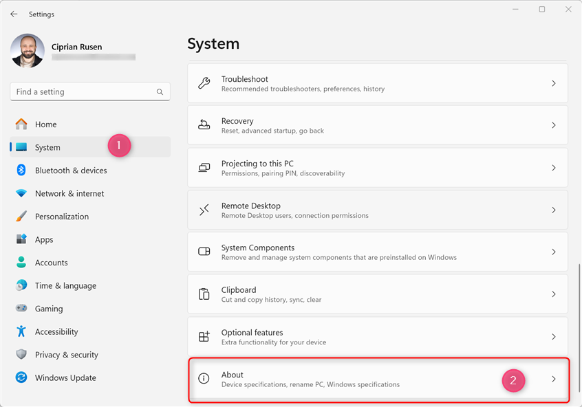 Go to Settings > System > About