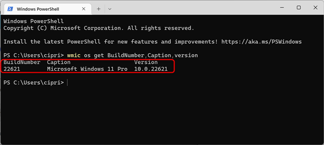 Check the Windows 11 version and build number using wmic in cmd