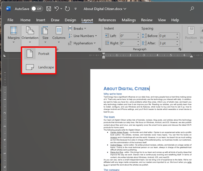 Choose Portrait or Landscape for the document