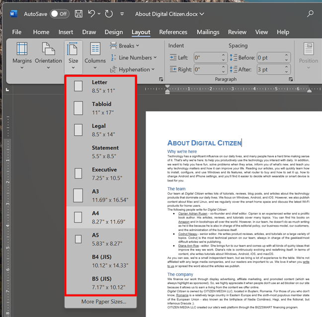 How to change paper size in Word