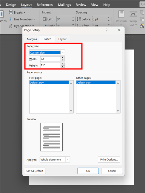 Choose a custom paper size in Word