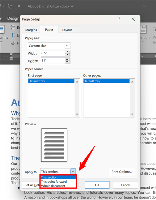 How to apply the size of the paper in Word