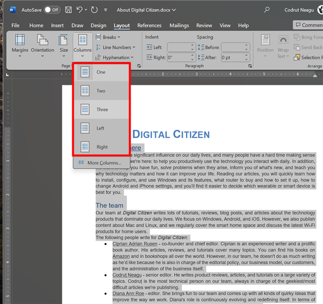 Select the number and format of columns