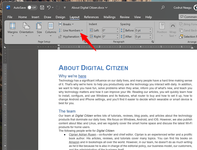 Line Numbers in Microsoft Word