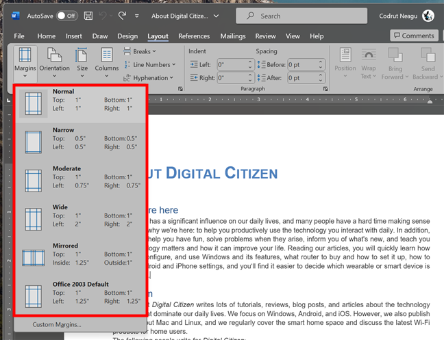 How to add or remove margins in Word