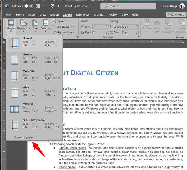 How to set Custom Margins in Word