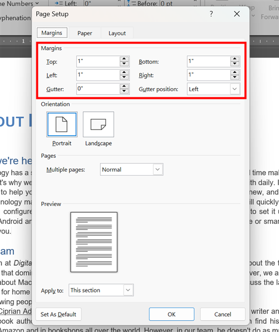 Manually specified margins for a document